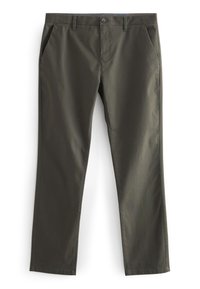 Dark olive green chinos made of smooth fabric, featuring side pockets, a zip fly, and a button closure. Tailored fit with straight legs.