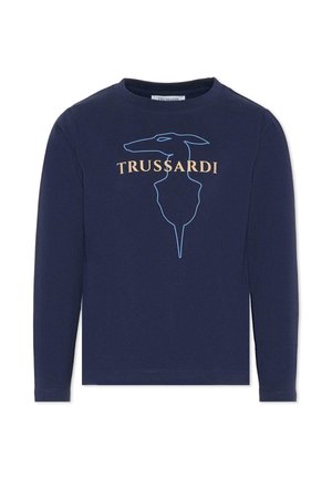 Maglietta a maniche lunghe blu navy con collo rotondo, caratterizzata da una silhouette blu della testa di un cane e la parola "TRUSSARDI" in oro sopra di essa. Tessuto morbido.