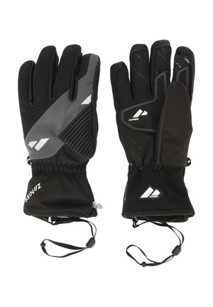 Par af sorte og grå vinterhandsker med justerbare håndledsremme, forstærkede håndflader og mærkelogoer på bagsiden og håndledsområderne.