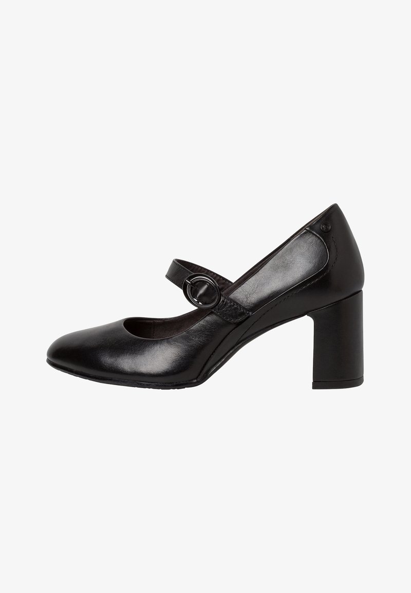 Chaussure Mary Jane en cuir noir avec bride à boucle ronde et talon bloc, vue de profil sur fond blanc.