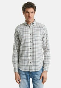 Hemd für Herren mit Kragen in einem weiß-blauen Karomuster, mit Knopfleiste, langen Ärmeln und einer einzelnen Brusttasche. Weiches Baumwollgewebe.