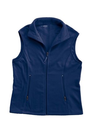 Gilet senza maniche in fleece blu navy con colletto alto, zip frontale e due tasche con zip. Texture liscia e design aderente.