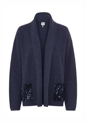 Marineblau gestrickte Strickjacke mit offenem Vorderteil, ausgestattet mit strukturiertem Stoff und mit Pailletten verzierten aufgesetzten Taschen. Weich, warm und im lässigen Schnitt.