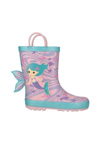 Barns lyserøde og blågrønne regnstøvle med håndtag, dekoreret med tegneseriefigur af en havfrue, fisk og søstjerner.