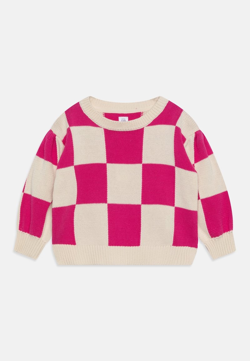 Pull en maille à grands carreaux rose et crème avec longues manches bouffantes et poignets et ourlet côtelés.
