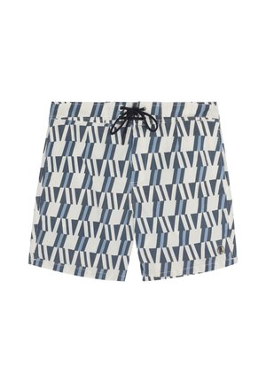 Bañador de hombre con patrón geométrico en azul, negro y blanco y cierre de cordón negro en la cintura.