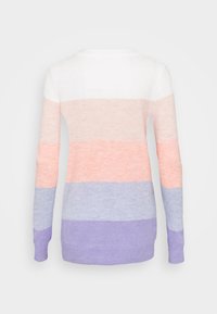 Pull à manches longues avec des blocs de couleur horizontaux en blanc, beige, rose, bleu clair et lavande vu de dos.