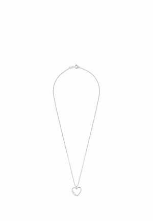 Fijne zilveren ketting met een open hartje als hanger, voorzien van drie kleine fonkelende steentjes aan één zijde.