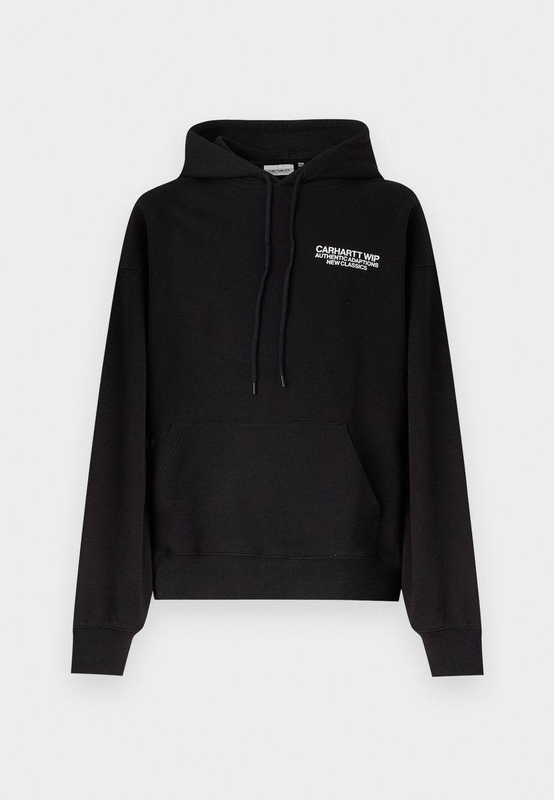 Felpa con cappuccio Carhartt WIP nera con tasca a marsupio frontale, cappuccio con coulisse e logo bianco sul petto a sinistra.