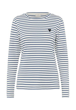 Long-sleeve striped shirt in white and navy, featuring a round neckline and a small black heart accent on the left chest. Soft fabric texture.