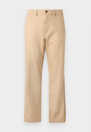 Beige straight-leg trousers with belt loops, front button, zip closure, and side pockets.