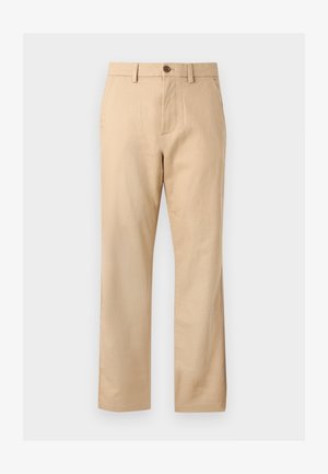 Beige straight-leg trousers with belt loops, front button, zip closure, and side pockets.