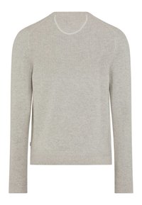 Hellgrauer Pullover mit geripptem Muster an den Schultern und im Rücken. Lange Ärmel und runder Halsausschnitt. Saubere Verarbeitung an den Bündchen und dem Saum.