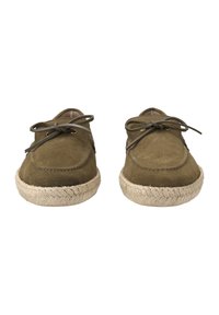 Braune Wildlederschuhe mit runden Zehen, schmalen Schnürsenkeln und Sohlen aus Juteschnur. Sie verfügen über gestickte Details und eine weiche obere Textur.