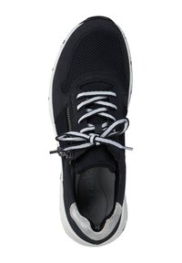 Black sneaker with mesh upper, white laces, and side zipper. Features a textured toe cap and a cushioned sole. Silver accents on heel.