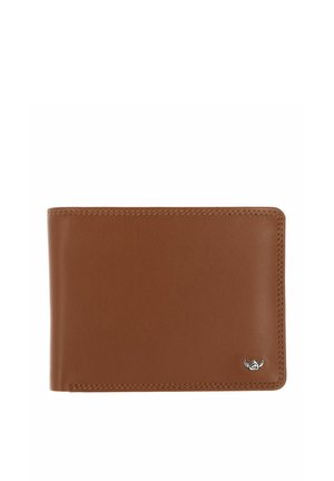 Brown leather bifold wallet with visible stitching and a small silver logo on the bottom right corner against a white background.