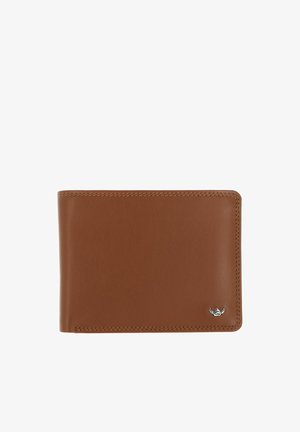 Brown leather bifold wallet with visible stitching and a small silver logo on the bottom right corner against a white background.