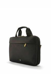 Czarna torba na laptopa z dwoma uchwytami, zamknięciem na zamek i złotą metką. Wykonana z gładkiego materiału o prostym, prostokątnym kształcie.