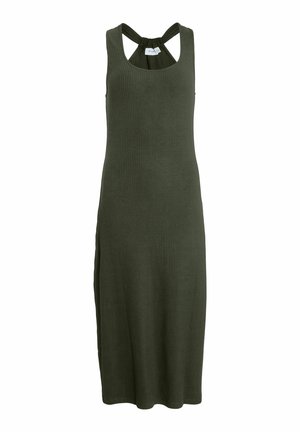 Olive green ribbed dress with a sleeveless design. Features a unique crisscross back and side slits for ease of movement. Regular length.