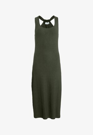 Olive green ribbed dress with a sleeveless design. Features a unique crisscross back and side slits for ease of movement. Regular length.
