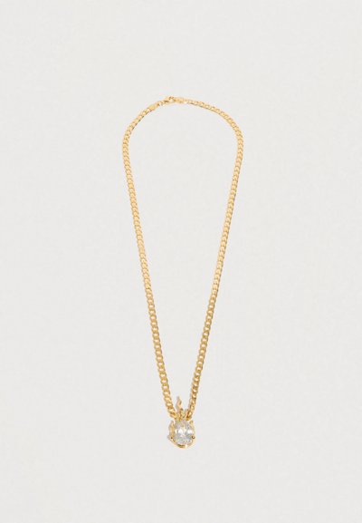 Χρυσό κολιέ με αλυσίδα και κούμπωμα καρπούζι, με στρογγυλό διάφανο μενταγιόν. Η αλυσίδα έχει λεία υφή και ομοιόμορφα κατανεμημένους κρίκους.