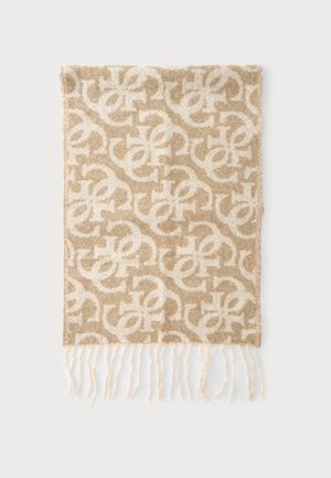 Écharpe tissée beige et blanche avec un motif abstrait répétitif et des franges à une extrémité, présentée sur un fond uni.