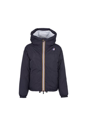 Giacca a vento imbottita di colore blu navy scuro con cappuccio, caratterizzata da una zip a contrasto gialla e bianca, polsini elasticizzati e orlo con coulisse.