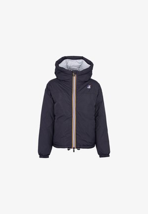 Giacca a vento imbottita di colore blu navy scuro con cappuccio, caratterizzata da una zip a contrasto gialla e bianca, polsini elasticizzati e orlo con coulisse.