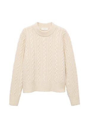 Pull en maille torsadée crème avec un col rond, des manches longues et un ourlet côtelé. Fabriqué à partir d'un matériau en tricot doux et texturé.
