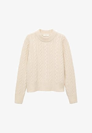 Kremasti pulover s pletenim uzorkom, okruglim izrezom, dugim rukavima i rebrastim rubom. Izrađen od mekanog, teksturiranog pletiva.