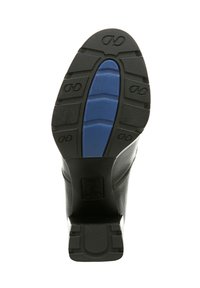 Zwarte laarszool met een gestructureerd rubberen ontwerp, voorzien van een blauwe rubberen inzet en logo op de hiel. Gecoördineerde vorm voor een ergonomische pasvorm.