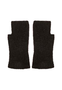 Guanti senza dita realizzati in lana marrone scuro con un motivo di maglia texturizzato e dita scoperte, che forniscono calore mantenendo la destrezza.
