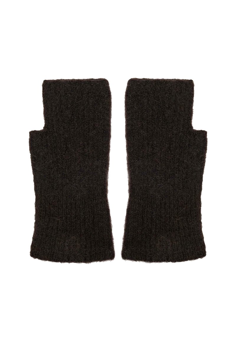 Guanti senza dita realizzati in lana marrone scuro con un motivo di maglia texturizzato e dita scoperte, che forniscono calore mantenendo la destrezza.