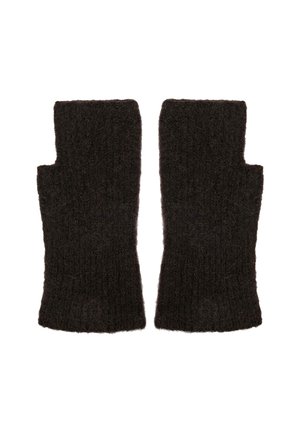 Gants sans doigts en laine brun foncé avec un motif tricoté texturé et des doigts ouverts, offrant chaleur tout en permettant une dextérité.