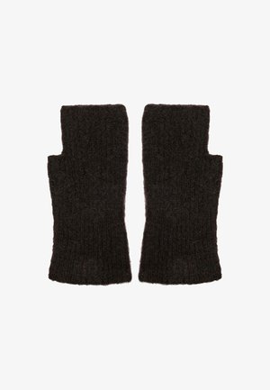 Gants sans doigts en laine brun foncé avec un motif tricoté texturé et des doigts ouverts, offrant chaleur tout en permettant une dextérité.