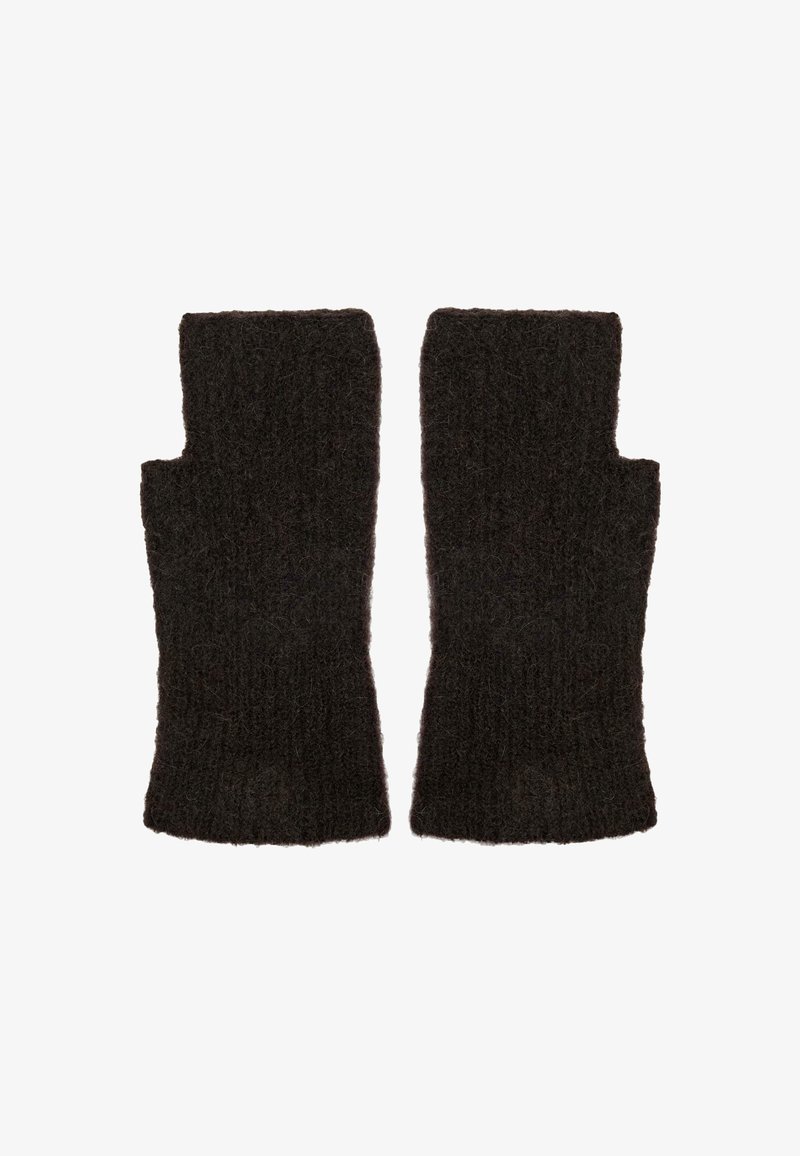 Fingerless gloves made of dark brown wool with a textured knit pattern and open fingers, providing warmth while allowing for dexterity.