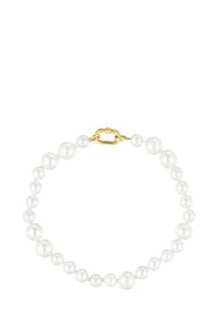 Bracciale di perle con perle bianche grandi e piccole alternate e una chiusura in oro, esposto su uno sfondo bianco.