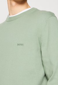 Ljusgrön tröja i stickad tyg, med en rundad halsringning och subtilt 'BOSS'-logotyp broderad på bröstet.