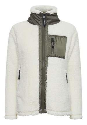 Fleece jacket in cream with olive green accents. Features a high collar, zippered chest pocket, and two side pockets. Soft texture.