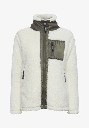 Fleece-takki vaaleassa cremessä oliivinvihreillä yksityiskohdilla. Ominaisuuksiin kuuluu korkea kaulus, vetoketjullinen rintatasku ja kaksi sivutaskua. Pehmeä rakenne.