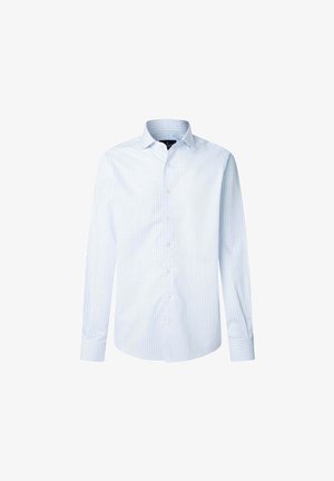 Chemise habillée pour homme de couleur bleu clair, à manches longues, avec un motif à carreaux fins verticaux et horizontaux, fermeture boutonnée sur le devant et col.