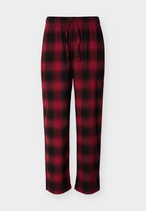 Pantaloni de pijama în carouri roșii și negri, cu talie elastică, închidere cu șnur și croială lejeră, confecționați dintr-un material moale.