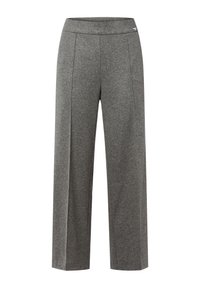 Graue weit geschnittene Hose aus weichem Stoff. Verfügt über einen glatten Bund und vordere Falten, ohne sichtbare Beschläge oder Taschen.