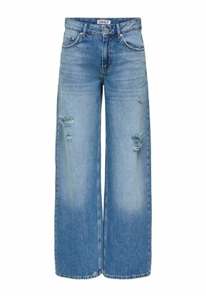 Jean bleu coupe large avec des détails usés aux cuisses et une étiquette "ONLY" à la taille, montrant des poches avant et une fermeture à boutons.