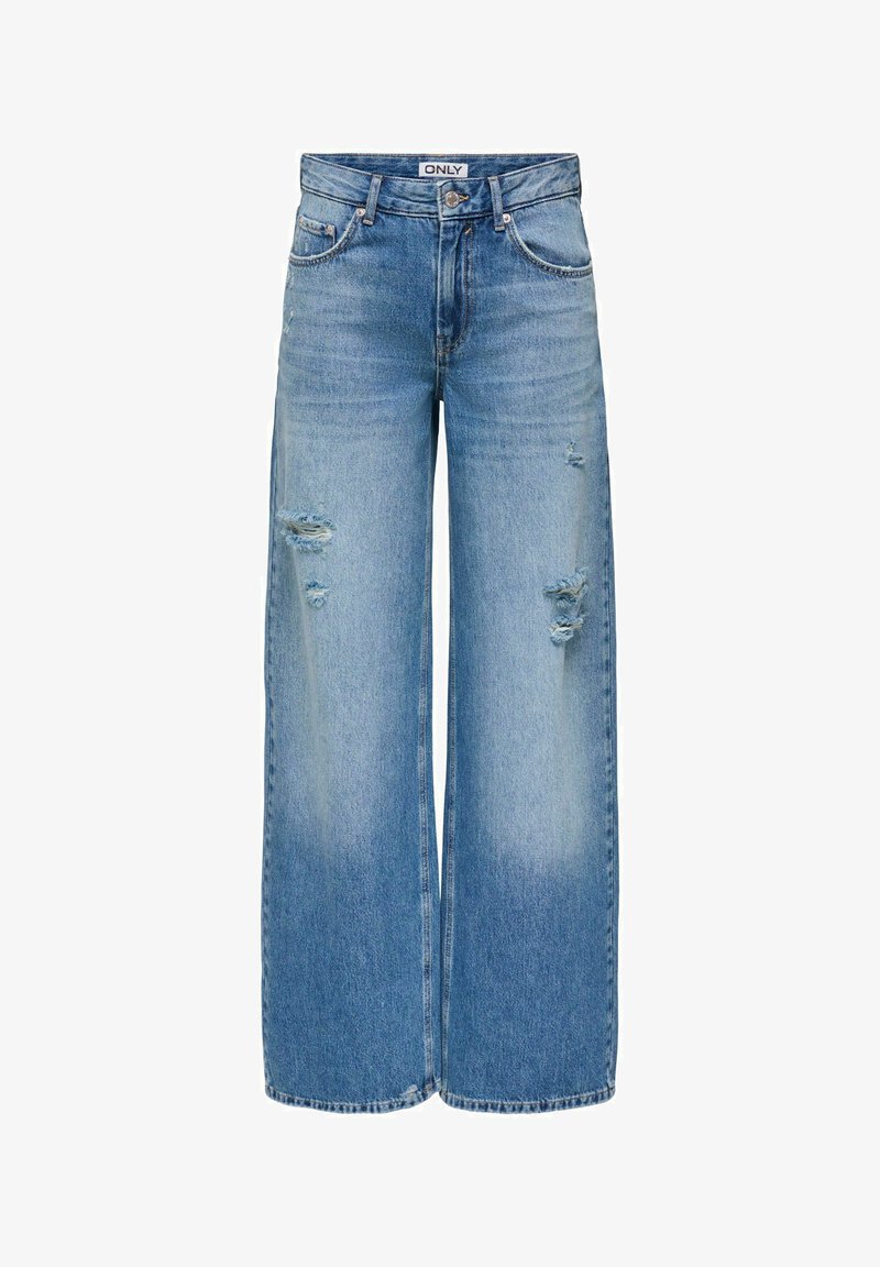 Jean bleu coupe large avec des détails usés aux cuisses et une étiquette "ONLY" à la taille, montrant des poches avant et une fermeture à boutons.