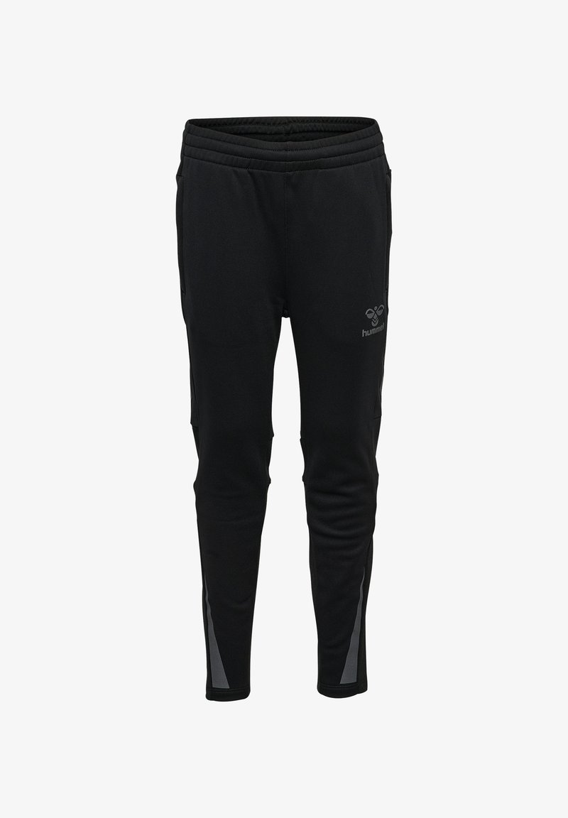 Zwarte sportbroek met elastische tailleband, tapered fit en reflecterende zijaccenten. Gemaakt van soepel, rekbaar materiaal voor comfort en bewegingsvrijheid.
