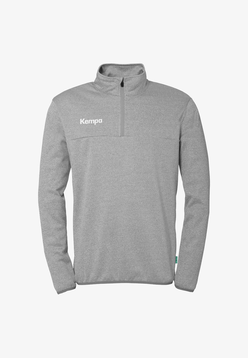 Polaire grise à demi-zip en tissu doux. Présente un col montant, une poche avant et un logo "Kempa" blanc sur la zone gauche de la poitrine.