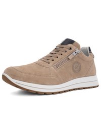 Beiger Wildleder-Casualsneaker mit Schnürsenkeln vorne, seitlichem Reißverschluss, Gummisohle und einem geprägten runden Logo-Patch nahe der Ferse.