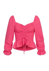 Fuchsia roze top met een gerimpeld lichaam, een ronde halslijn en ballonmouwen. Heeft een getailleerde taille en een uitlopende zoom. Zachte, gestructureerde stof.