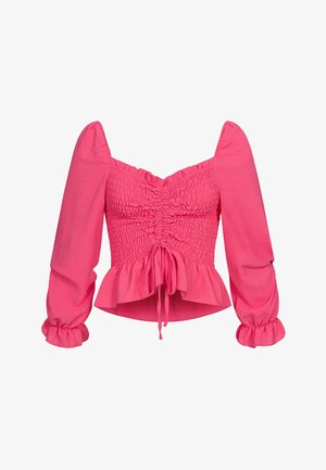 Top rosa fucsia con cuerpo fruncido, escote redondo y mangas abullonadas. Presenta cintura ceñida y dobladillo acampanado. Tela suave y texturizada.